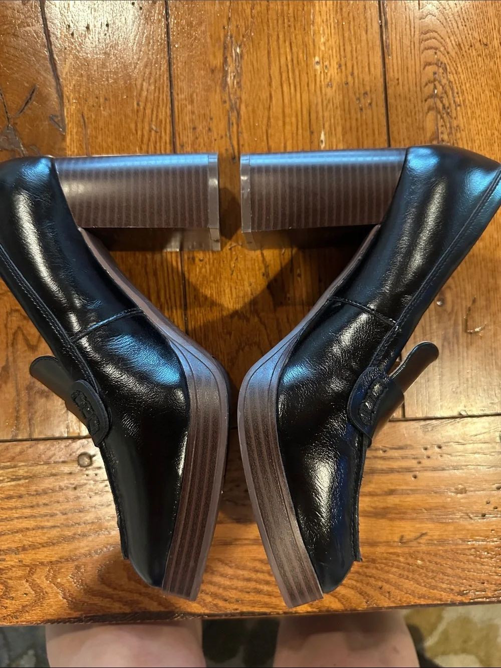 Nine West Black Leather Square-Toe Chunky Heel Loafers